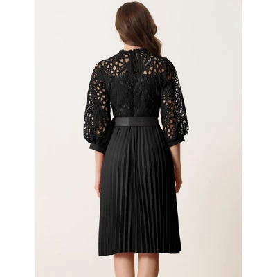 INSPIRE CHIC Women's Floral Lace Panel 3/4 Sleeves Belted A-Line Pleated Dresses 3 INSPIRE CHIC Women's Floral Lace Panel 3/4 Sleeves Belted A-Line Pleated Dresses - Image 3