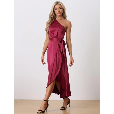INSPIRE CHIC Women's Satin Sleeveless One Shoulder Belted Split Ruffle Evening Cocktail Dress 2 INSPIRE CHIC Women's Satin Sleeveless One Shoulder Belted Split Ruffle Evening Cocktail Dress - Image 2