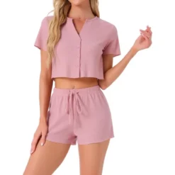 INSPIRE CHIC Women's Waffle Knit Button Down Short Sleeve Crop Tops With Shorts 2 Pcs Pajamas Set -Fashion Clothing Store GUEST b970d6fb bf86 4771 815b 4afef330294f