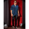 INSPIRE CHIC Men's Short Sleeve Point Collar Party Glitter Sheer Mesh Shirts