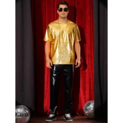 INSPIRE CHIC Men's Crew Neck Short Sleeve Party Disco Shiny Holographic T-Shirts
