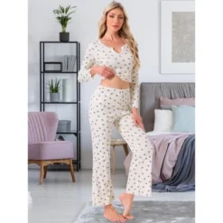 INSPIRE CHIC Women's 2 Pcs Pajama Cherry Print Ruffle Trim V-Neck Long Sleeve Top And Pants Set