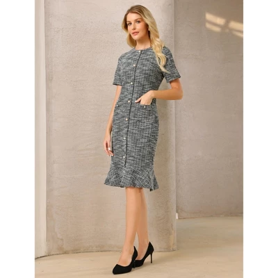 INSPIRE CHIC Women's Short Sleeve Elegant Work Fishtail Tweed Bodycon Mermaid Dress 2 INSPIRE CHIC Women's Short Sleeve Elegant Work Fishtail Tweed Bodycon Mermaid Dress - Image 2