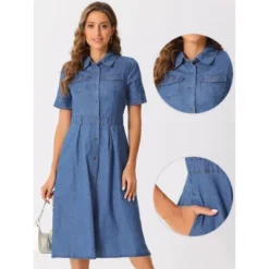 INSPIRE CHIC Women's Collared Short Sleeve A-Line Button Up Midi Denim Dress