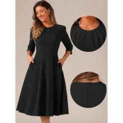 INSPIRE CHIC Women's 3/4 Sleeve Pleated Round Neck Pockets A-Line Swing Work Midi Dress