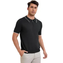 INSPIRE CHIC Men's Formal Solid Color Short Sleeved Zipper Slim Fit Classic Knit Polo Shirts