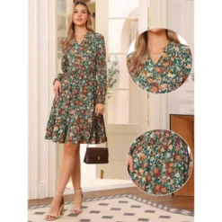 INSPIRE CHIC Women's V Neck Floral Smocked High Waist Long Sleeve Ruffle A-Line Knee Length Dresses