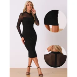 INSPIRE CHIC Women's Mesh Mock Neck Long Sleeve Ruch Elegant Cocktail Bodycon Dress