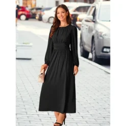 INSPIRE CHIC Women's Crewneck Lantern Long Sleeves A-Line Pleated Chiffon Maxi Formal Dress