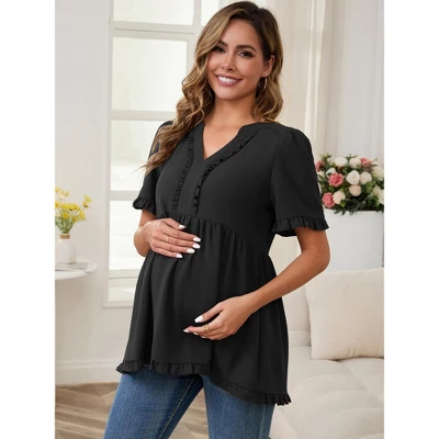 INSPIRE CHIC Women's Maternity Tops Boho Ruffled Notched Neck Short Sleeve Shirts Flowy Blouses 1 INSPIRE CHIC Women's Maternity Tops Boho Ruffled Notched Neck Short Sleeve Shirts Flowy Blouses