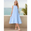 INSPIRE CHIC Women's Linen Sleeveless Crew Neck Shift With Pockets Casual Midi Dress