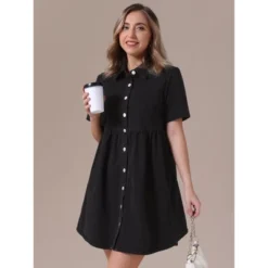 INSPIRE CHIC Women's Denim Short Sleeve Button Down Turndown Collar Babydoll Mini Shirt Dresses