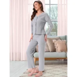 INSPIRE CHIC Women's Pajama Sets Button Up Long Sleeve V-Neck Elastic Waist Pants 2 Pieces With Pockets