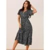 INSPIRE CHIC Women's Summer Casual Short Flutter Sleeve V Neck Elastic Waist Flowy Polka Dots Dress