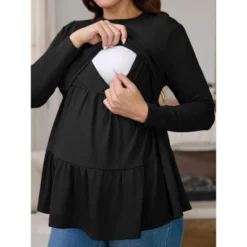INSPIRE CHIC Women's Nursing Top Ruffle Pleated Long Sleeve Tunic Rayon Postpartum Breastfeeding Shirt Pregnancy Clothes