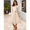 INSPIRE CHIC Women's Fall Long Sleeve Casual Crewneck Pleated A Line Flowy Midi Party Dresses With Belt