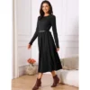 INSPIRE CHIC Women's Casual Midi Round Neck Long Sleeve Flowy Fall Dresses With Belt