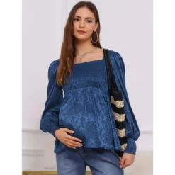 INSPIRE CHIC Women's Smocked Maternity Tops Square Neck Long Sleeve Shirts Pregnancy Blouses