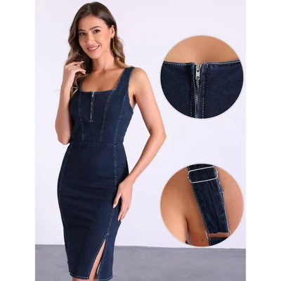 INSPIRE CHIC Women's Summer Sleeveless Square Zipper Neck Side Split Bodycon Strap Denim Midi Dress 1 INSPIRE CHIC Women's Summer Sleeveless Square Zipper Neck Side Split Bodycon Strap Denim Midi Dress