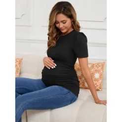 INSPIRE CHIC Women's Maternity Blouse Side Ruched Ribbed Knit Puff Short Sleeve Tunic Top Pregnancy Clothes Baby Office Work -Fashion Clothing Store GUEST db3badea 8a44 4907 b782 e81ae13c937b