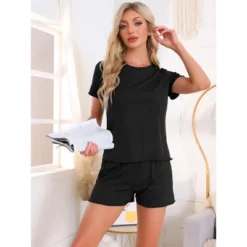 INSPIRE CHIC Women's Ribbed Knit Soft Short Sleeve Top And Shorts Ruffled Lounge Set Pajama Set With Pocket