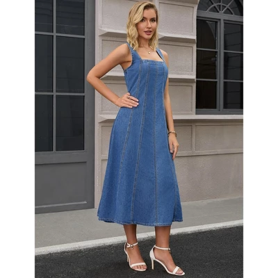 INSPIRE CHIC Women's Sleeveless Square Neck Cute Swing A-Line Midi Denim Dresses 2 INSPIRE CHIC Women's Sleeveless Square Neck Cute Swing A-Line Midi Denim Dresses - Image 2