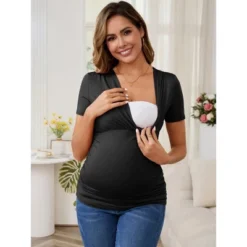 INSPIRE CHIC Women's Summer Nursing Blouse V Neck Short Sleeve Maternity Ruched Tops