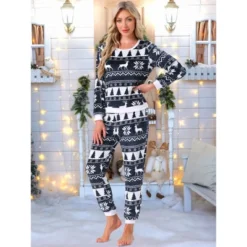 INSPIRE CHIC Women's Pajamas Flannel Printed Long Sleeve Top And Pants Christmas Sets
