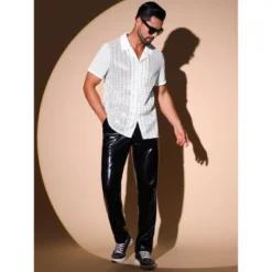 INSPIRE CHIC Men's Camp Collar Patchwork Short Sleeved Club Sequin Sheer Shirts -Fashion Clothing Store GUEST e060c61c 63f2 43a6 b8cb d435be38c885