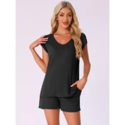 INSPIRE CHIC Women's 2 Piece Lounge Set Knit Short Sleeve Tee And Shorts Pajama Set With Pockets