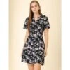 INSPIRE CHIC Women's Floral Pleated Collar Keyhole Front Raglan Sleeve Casual A-Line Dress