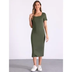 INSPIRE CHIC Women's Square Collar Ribbed Knit Short Sleeve Slit Bodycon Midi Dress -Fashion Clothing Store GUEST e2dbccf3 ee40 4f80 8215 9959bcead7ba