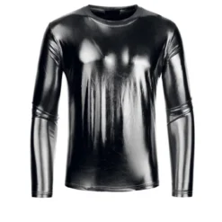 INSPIRE CHIC Men's Round Neck Long Sleeves Shining Disco Metallic T-Shirt