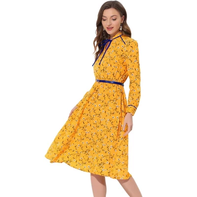 INSPIRE CHIC Women's Floral Keyhole Tie Neck Belted A-Line Midi Dresses 1 INSPIRE CHIC Women's Floral Keyhole Tie Neck Belted A-Line Midi Dresses