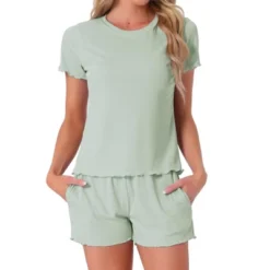 INSPIRE CHIC Women's Ribbed Knit Soft Short Sleeve Top And Shorts Ruffled Lounge Set Pajama Set With Pocket -Fashion Clothing Store GUEST f0ecd02b f026 41bb 944a 13b447c04c0a