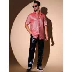 INSPIRE CHIC Men's Short Sleeve Disco Party Shining Metallic Shirt -Fashion Clothing Store GUEST f1018382 7880 454b a047 bf3e3f27087a