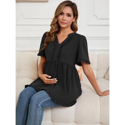 INSPIRE CHIC Women's Maternity Tops Boho Ruffled Notched Neck Short Sleeve Shirts Flowy Blouses 4 INSPIRE CHIC Women's Maternity Tops Boho Ruffled Notched Neck Short Sleeve Shirts Flowy Blouses - Image 4