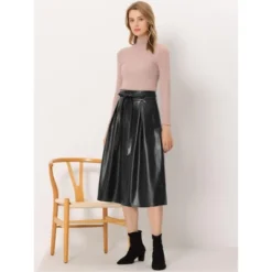 INSPIRE CHIC Women's Faux Leather High Waist Belted A-line Flare Midi Skirts