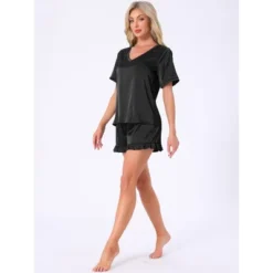 INSPIRE CHIC Women Loungewear Silky Satin Short Sleeve Shorts Set Ruffle V Neck Lounge Set Frill Elastic Waist Pajama Set