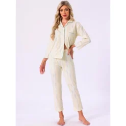 INSPIRE CHIC Women's Cotton Sleepwear Button Down Lounge Long Sleeve Shirt And Pants Pajama Sets