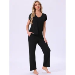 INSPIRE CHIC Women's 2 Pcs Short-Sleeve V-neck Tee & Drawstring Pants Pajama Sets With Pockets