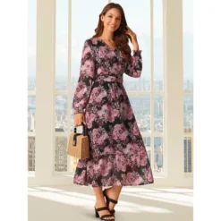 INSPIRE CHIC Women's Long Sleeve Floral V Neck Boho Ruffle Tiered Flowy Chiffon Midi Dress With Pocket