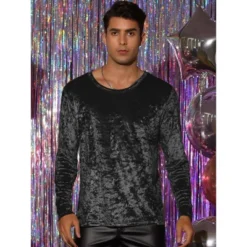 INSPIRE CHIC Men's Vintage Crew Neck Long Sleeves Velvet T-Shirts