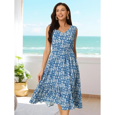 INSPIRE CHIC Women's Summer Boho Beach V Neck Sleeveless Floral Flowy Tiered Midi Dress With Pockets 2 Packs 2 INSPIRE CHIC Women's Summer Boho Beach V Neck Sleeveless Floral Flowy Tiered Midi Dress With Pockets 2 Packs - Image 2