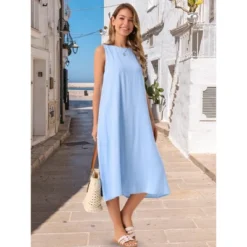 INSPIRE CHIC Women's Linen Sleeveless Crew Neck Shift With Pockets Casual Midi Dress -Fashion Clothing Store GUEST ff0f168f fe1a 459f 86da aca244da3266
