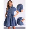 INSPIRE CHIC Women's Summer Turndown Collar Button Down Short Sleeve Babydoll Denim Midi Dress
